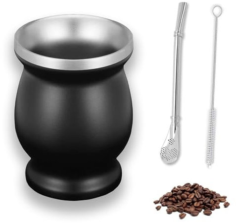 OUTALIZ Juego de Taza de Calabaza de Acero Inoxidable, Tazas de té Mate, Juego de té de Acero Inoxidable, Tazas Mate de 260ML, con Cuchara de Pajita y Cepillo de Limpieza(Negro)