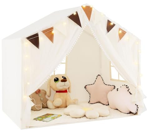 GYMAX Kids Play Tent, Indoor Large Play House with Padded Mat, Door Curtains, Windows, Star Lights & Flags, Toddler Fairy Castle Tent for Girls Boys Gift (Beige)