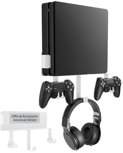 Wall Mount Kit with Detachable 2 Controller Holder & Headphone Hanger, Metal Wall Mount Stand Compatible with PlayStation 4 Slim