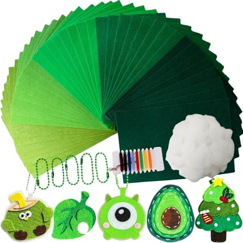 40 Stück Filz zum Basteln,5 Verschiedene Grüne Farben von Bastelfilz 1mm,komplett mit Nähzubehör,50g Bastelwatte,5 kugelkette,20 x 30cm Filzstoff zum Basteln, Vliesstoff Stoff Filzplatten für DIY