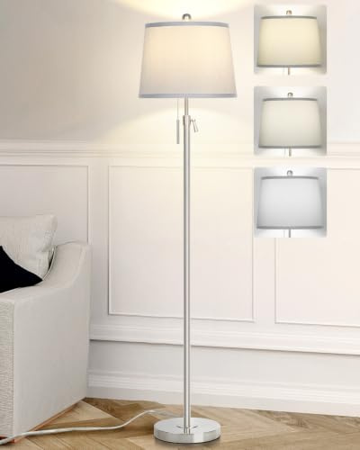 Qingmiao Floor Lamp, Modern Standing Lamps for Living Room - Silver | with Lampshade, 140-165CM Height Adjustable, 3 Colors Temperature, Pull Chain Switch, 9W E27 Bulb Included,for Bedroom Office