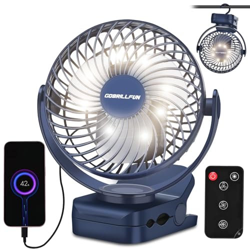 GOBRILLFUN Ventilateur à pince télécommandé 6 pouces 12 000 mAh, veilleuse LED, 3 vitesses, ventilateur USB personnel portable pour la maison, le bureau, le camping-car et le camping en plein air-Bleu