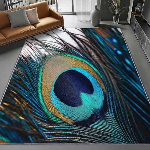 Pfau Federn Teppich Modern Mode Design 60 x 110 cm Weiß, Waschbarer Wohnzimmerteppich rutschfest mit TPR-Rücken, Weicher Kaschmir-Touch für Schlafzimmer & Küche, Elegante Dekoration für jeden Raum