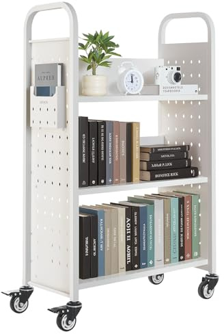 VEVOR Carrello Portalibri con Ruote 770 x 380 x 1220 mm Carrello Rotante Porta Libri, Carico 150 kg Ripiani a L Monofacciali con Ruote Bloccabili 7,6 cm per Scaffali di Casa, Ufficio e Scuola, Bianco