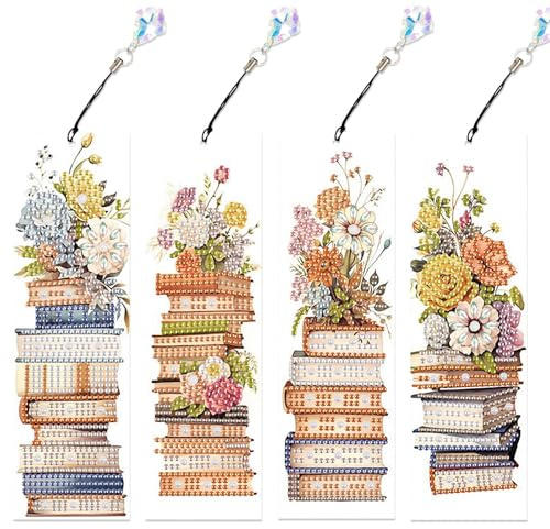 Diamond Painting Lesezeichen Set 4 Stück – DIY Lesezeichen Basteln mit Anhänger, 5D Diamond Painting Bookmark, DIY Handbuch lesen Buchmarker Basteln Blumen & Bücher Design, Geschenk für Buchliebhaber