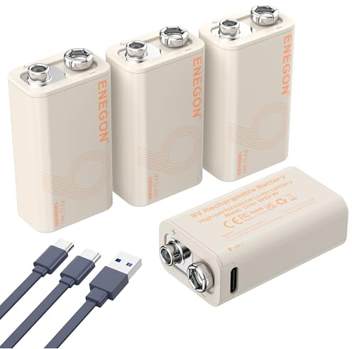 ENEGON 9V Rechargeable Battery,9000mWh High Capacity Lithium Batteries, with USB-C Fast Charging Cable, Ideal for Smoke Detectors, Microphone, Alarms, Toys, Torches, Medical Devices etc,4-Pack