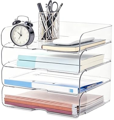 Hniuyun 4-Tier Acrylic Stackable Letter Tray - Clear Paper Organizer for Desk, File Sorter for Documents, A4/Letter Size, Office Supplies, iPad, Magazines, and Folders