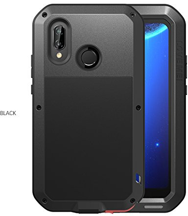 LOVE MEI per Huawei P20 Lite Custodia, Antiurto Impermeabile Polvere/Sporcizia/Neve Prova in Alluminio Metallo Cover con Vetro Temperato per Huawei P20 Lite 5.84 Pollici (Nero)