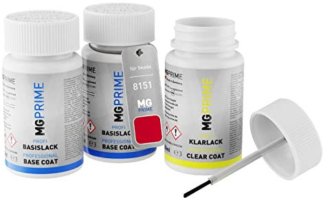 MG PRIME Autolack Lackstift Set für Skoda 8151 / 8T Corrida Rot Grundlack Basislack Klarlack je 50ml