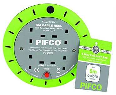 PIFCO 5M & 4 Way 13 AMP Electric Extension Cable Reel Mains Plug & Socket Lead