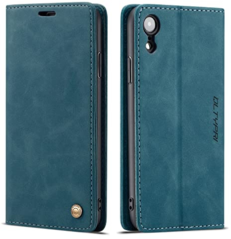 QLTYPRI Hülle für iPhone XR, Vintage Dünne Handyhülle mit Kartenfach Geld Slot Ständer PU Ledertasche TPU Bumper Wallet Case Flip Schutzhülle Kompatibel mit iPhone XR - Blau