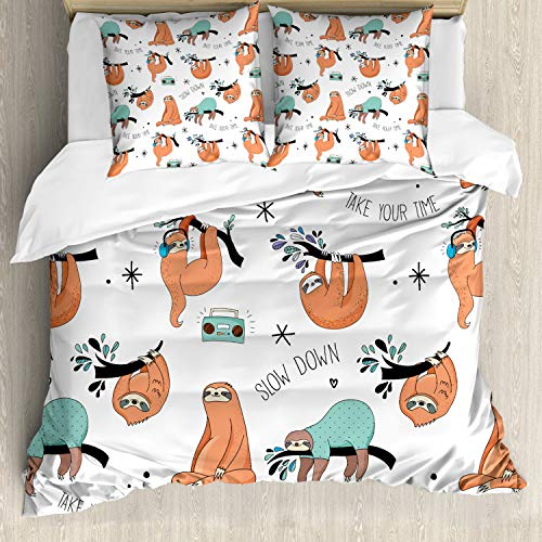 ABAKUHAUS Faultier Bettwäsche Set für Doppelbetten, Faultiere auf Branchen, Weicher Microfaserstoff Allegigeignet kein Verblassen, Schwarz Orange