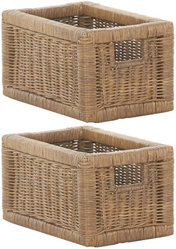 korb.outlet Set / 2 Regalkorb Braun Hell ca. 20x32x17,5 mit Holzrahmen Rattan Schubfach Box zur Aufbewahrung Schrankkorb Griff