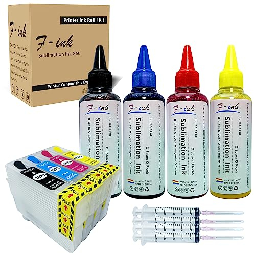 F-INK Ensemble d'encres de Sublimation de 400 ML Compatible avec Les Cartouches d'encre Epson 16 ou 16XL. Fonctionne sur des Tasses/Assiettes/Chemises en Polyester/étuis de téléphone, etc.