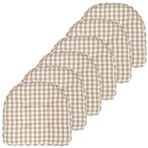 Sweet Home Collection Chair Cushion Memory Foam Pads Tufted Slip Non Skid Rubber Back U-Shaped 17 x 16 Seat Cover, 6 Pack, Checkered Taupe/White