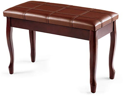 GOPLUS Banc de Piano Double en Bois Massif Robuste avec Siège Rembourré en Cuir PU, Tabouret Piano 2 Places avec Compartiment de Rangement, Charge Max 180KG (Marron, Pied Incurvé,Bande)