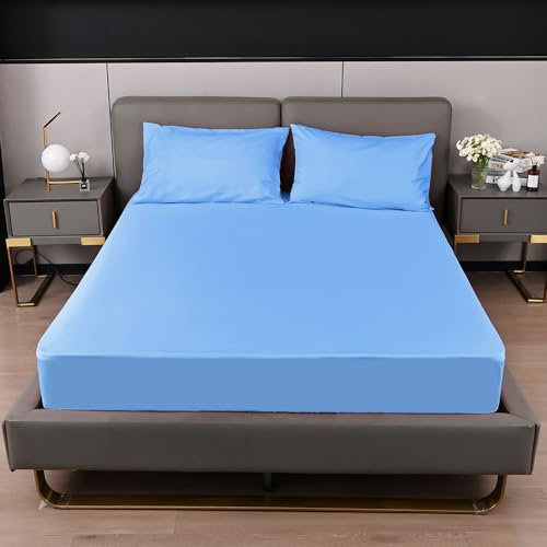 Fitted Sheet 40CM Deep Bed Sheet Double Size 137X190CM Sky Hotel Quality Poly Cotton (Sky, Double)