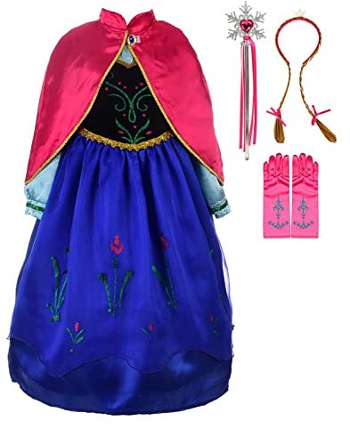Lito Angels Prinzessin Anna Kostüm Kleid mit Umhang und Zubehör für Kinder Mädchen, Eiskönigin Prinzessinnenkleid Verkleiden, Größe 7-8 Jahre 128