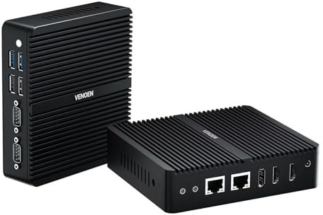 VENOEN Win 11 Fanless Mini PC 12th gen, Celeron J6412, NO RAM NO SSD, Dual HD-MI, DP, 4K Output, Dual RJ45 Lan, 2x RS232 COM, BT4.2, Dual Band Wifi, Small Form Factor Computer, Office/Home