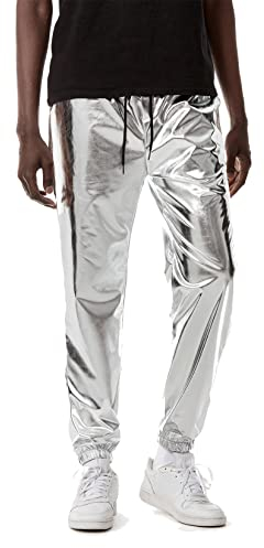 LucMatton Herren Jogginghose Metallic Glänzend Disco Party Elastische Hose, silber, XL