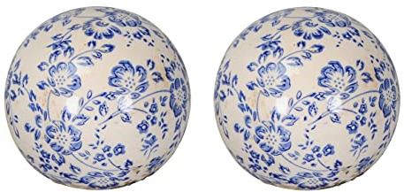 Posiwio dekorative Deko-Kugel Keramik-Kugel Motiv Blaue Blütenranke in cremeweiß-blau Preis für 2 Stück