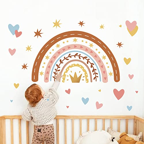 decalmile Wandtattoo Boho Regenbogen mit Herzchen Wandaufkleber Regenbogen Mädchen Wandsticker Schlafzimmer Babyzimmer Kinderzimmer Wanddeko