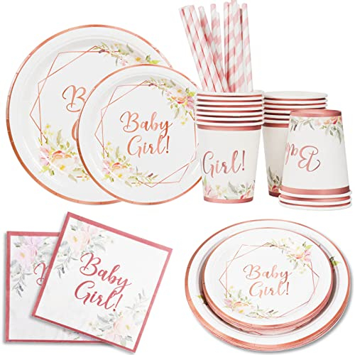Girl Baby Shower Plates and Napkins for 16, Pink & Rose Gold Paper Plates, Dessert Disposable Party Tableware, Napkins, Cups, Straws for Baby Shower Girls Birthday Party Supplies, Floral Decorations