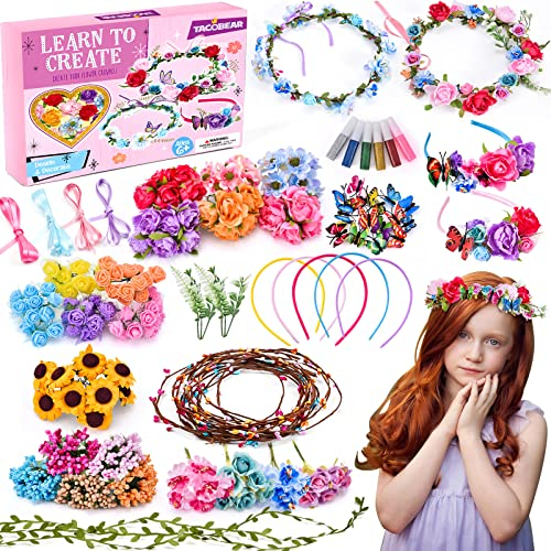 Tacobear Blumenkranz Bastelset Kinder DIY Haarkranz Blumen Haarreif Armband Blumengirlande Haarschmuck Selber Machen Mitgebsel Kindergeburtstag Basteln Geschenk für Mädchen 4 5 6 7 8 9 10 Jahre