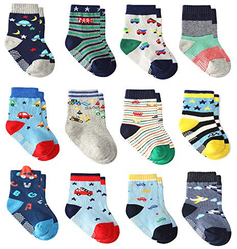 Wobon 12 Pairs Baby Socks for Boys Cotton Socks Non Skid Grip Socks, Toddler Boy Anti Slip Ankle Socks for Kids Boys (3-5 Years, 12 Pairs Super Stars)