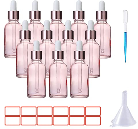 TUAKIMCE 12 x 30ml Glass Dropper Bottles, Mini Empty Glass Bottles with Dropper Pipettes, Small Sample Dropper Bottles Refillable with Funnels and Labels for Essential Oils,Aromatherapy(Pink)