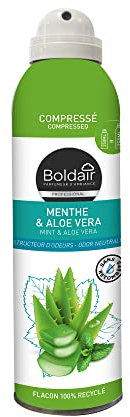 BOLDAIR – Destructor de olores y perfumes para interiores, formato comprimido – fragancia menta y aloe vera – sin derrames – Botella 100% reciclada – Ecológica – 250 ml – Fabricación francesa