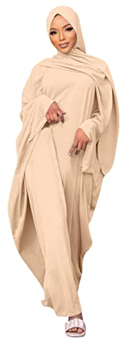 Odizli Gebetskleidung für Frauen Abaya Muslim Damen Muslimische Kleider Gebetskleid Langarm Islamische Namaz Elbisesi Jilbab Khimar Kaftan Ramadan Burka Ganzkörper Lang Robe Aprikose Haben Hijab F