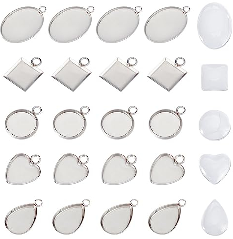 UNICRAFTALE 30 Sets 5 Stile Cabochon Anhänger 304 Edelstahl Anhänger Tabletts Rohlinge Lünette Ovales Tropfen Herz Flache Runde Quadratische Tabletts Mit Glas Cabochons Für Schmuckherstellung