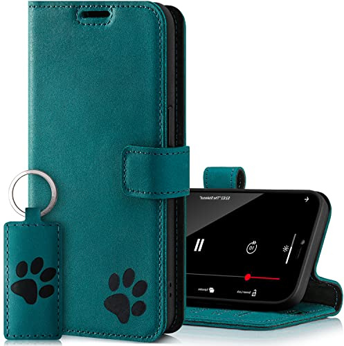 SURAZO Premium Handyhülle für Samsung Galaxy A14 5G – Echtleder Hülle mit Pfote Motiv – Vintage Klapphülle mit Standfunktion, Kartenfach und Schlüsselring - Handmade RFID Schutzhülle (Türkis)