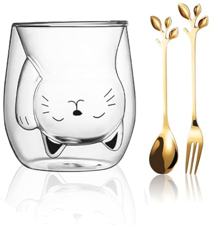 Yuragim Doppelwandige Gläser Tasse, Süße Katze Tassen Teegläser Kaffeeglaser 200ml Kaffeetasse Doppelwandig Borosilikatglas Isoliergläser Trinkgläser Geburtstagsgeschenke für Kinder Jungen Mädchen