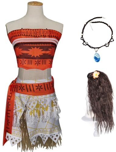 Foanja Moana Kostüm Damen Cosplay Vaiana Kleid mit Halskette für Erwachsene Verkleidung Halloween Karneval Geburtstag Party Outfits