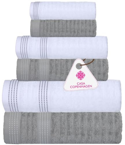 Casa Copenhagen Elegance 6-teiliges Handtuchset, Grauviolett + Weiß, 550 g/m², 2 Badetücher, 2 Handtücher, 2 Waschlappen aus weicher ägyptischer Baumwolle für Badezimmer, Küche und Dusche