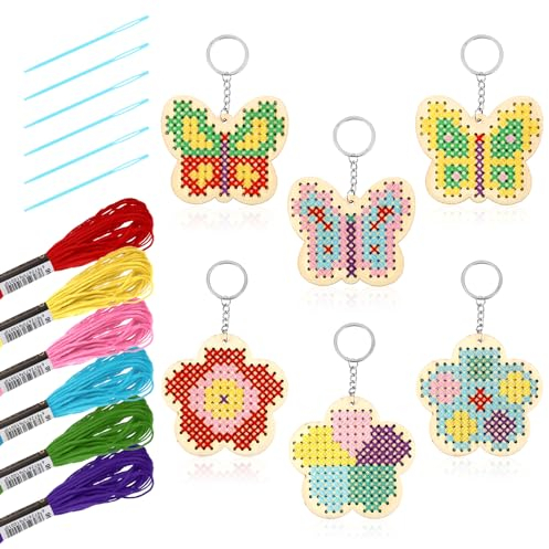 Sibba 6 Pack Holz Kreuzstich Set für Anfänger Cross Stitch Embroidery Kit mit 6 Farben Polyesterfaden Häkelprojekte für Stickerei Ostern Sticken Basteln für Erwachsene Kinder Stickerei Liebhaber