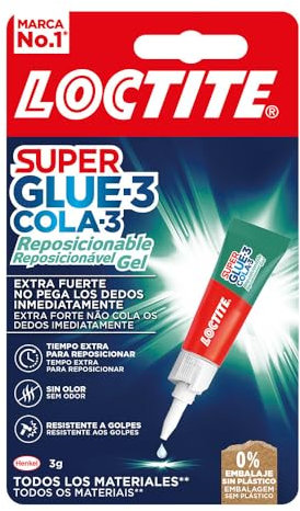 Loctite Super Glue-3 Gel Reposicionable, pegamento extrafuerte con tiempo extra para reposicionar, pegamento fuerte multiusos para reparaciones y manualidades, 3 g, transparente