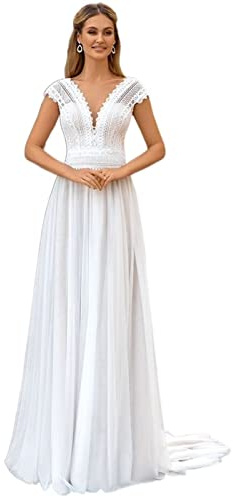 WYFDMNN Nouvelle Plage Bohème Robe de Mariée Dentelle v - Cou Nu Robe de Mariée Mariée Ailes Manches Balayage Jupe, Blanc, 42