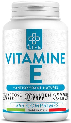 Vitamine E Pure 120mg Par Dose 178UI PiùLife, 365 Comprimés Complément Alimentaire Vitamine E Visage Peau, Yeux Vue, Vitamine Cheveux, Bien-être Antioxydant, 2 Comprimés Par Jour