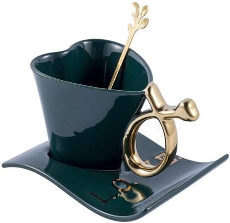 Keramik-Kaffeetasse und Untertassen-Set mit Löffel, herzförmig, spezielle Teetassen, 160 ml, Grün