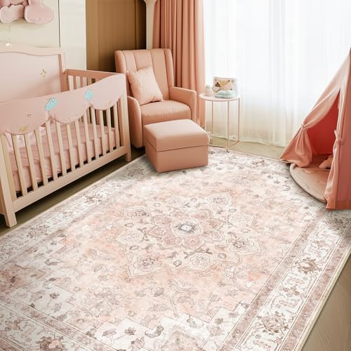 CAPALOCA Machine Washable Rugs Nursery Rug 5x7 Cute Girl Non Slip Low Pile Water Repellent Soft Print Pattern for Bedroom Indoor Decor Kids Playroom Pink