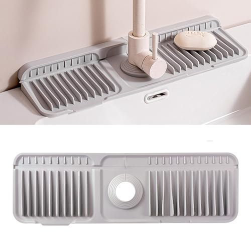 Sink Faucet Mat with Slope for Self Draining Silicone Sink Splash Guard as Soap Dish & Sponge Holder Faucet Handle Drip Catcher Tray for Kitchen Counter Bathroom (Gray B)