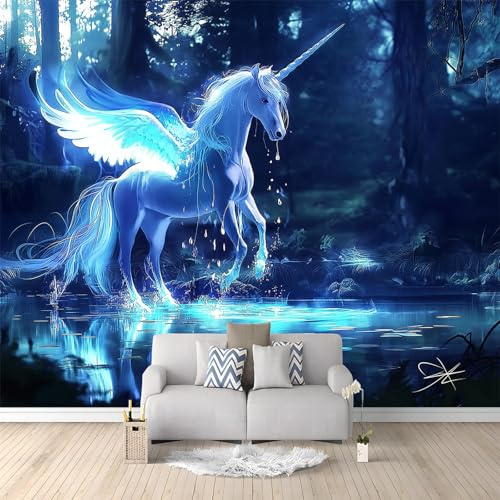Vlies Fototapete Wald-Einhorn-Fantasie-Kunst-Blau 350x256 cm Art Mauer VliesTapete Wandtapete Wanddeko Wand Wohnzimmer Schlafzimmer Wohnung Wandbilder