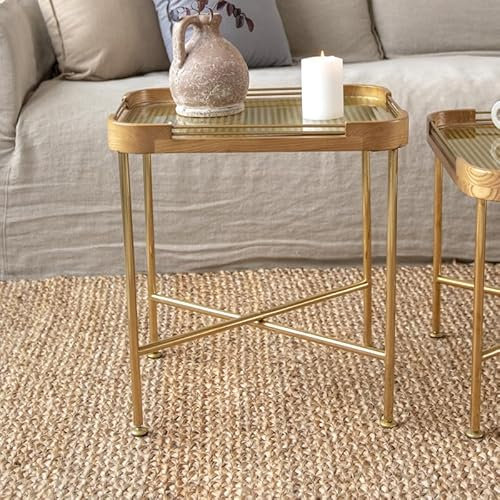 Zouron Table Basse, Table Basse (Plateau en Verre trempé), Table de canapé, Table de Salon, Coins en frêne, Pieds dorés,48.5 * 37.5 * 52.5cm