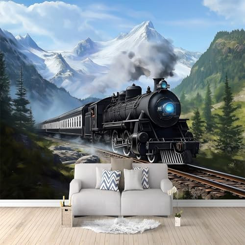 Fototapete Schlafzimmer Zug Mit Bergblick 200x140 cm 3D Druck Vliestapete, Wandtapete Wandbilder, für Wohnzimmer, Kinderzimmer, TV Hintergrund Vlies Tapete