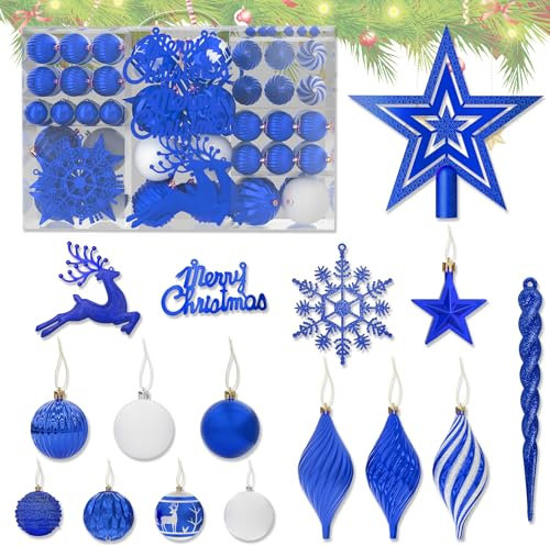 SUBTLETY Weihnachtskugeln Kunststoff 108 Stück Christbaumkugeln mit Hängeseil, Plastik Weihnachtsschmuck inkl. Baumspitze Stern, Bälle, Briefe, Hirsche, Schneeflocken für Weihnachten Deko (Blau)