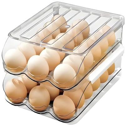 Eidoct 2 Layer Stackable Egg Holder, 36 eggs Automatic Rolling Egg Organizer for Refrigerator, Auto Scrolling Egg Storage Container with Lid, Clear PP Egg Dispenser & Tray Bin, for Saving Fridge Space