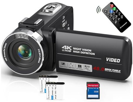 Videokamera 4K Camcorder 48MP mit IR Nachtsicht, 18X Digitalzoom 30 FPS Webcam Video Kamera 3.0-Zoll 270° Rotation Touchscreen Vlogging Kamera für YouTube mit Fernbedienung, 2 Batterien, 32GB SD Karte